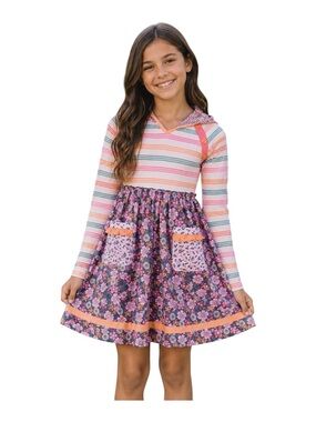 Matilda Jane Twilight Blossom Hooded Girls Size 16 Mixed Print Pocket Dress NWOT